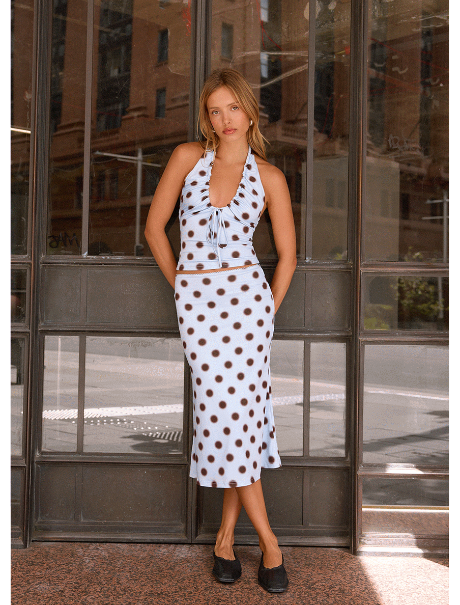 Ask You Twice Top Blue - Mocha Dot & Bahama Low Rise Midi Skirt - Mocha Dot