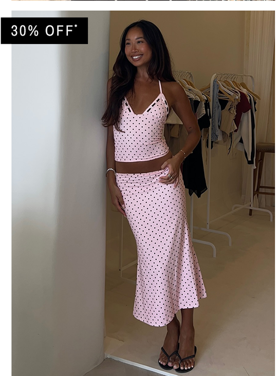 Bahama Eyelet Lace Up Top & Low Rise Midi Skirt - Strawberry Dot