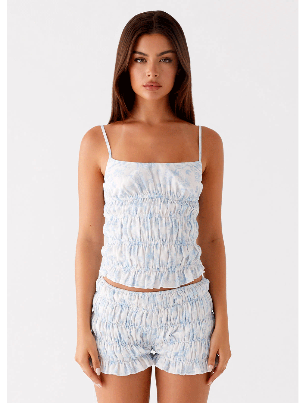 Kimi Ruched Top - Blue Floral & Girls Like Us Ruched Mini Shorts - Blue Floral