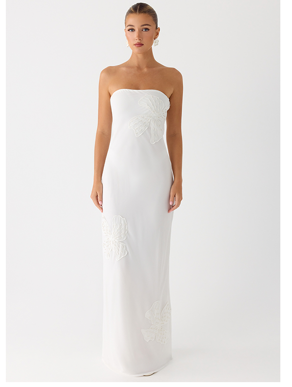 assafras Beaded Flower Strapless Maxi Dress - White