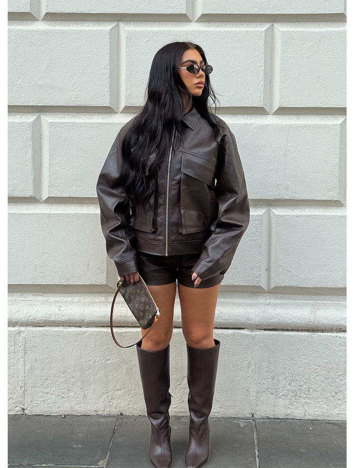 @brookeecarey in Lula Faux Leather Bomber Jacket - Chocolate
