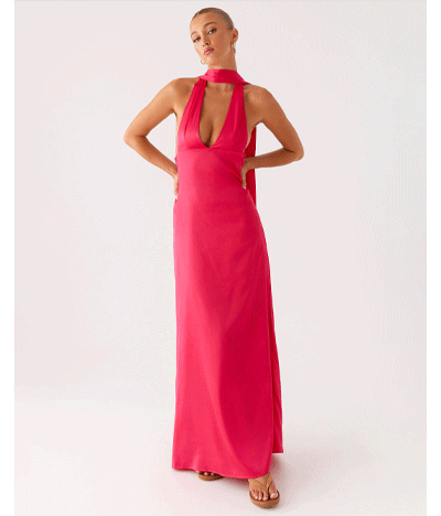 Alicia Satin Halter Maxi Dress - Fuchsia
