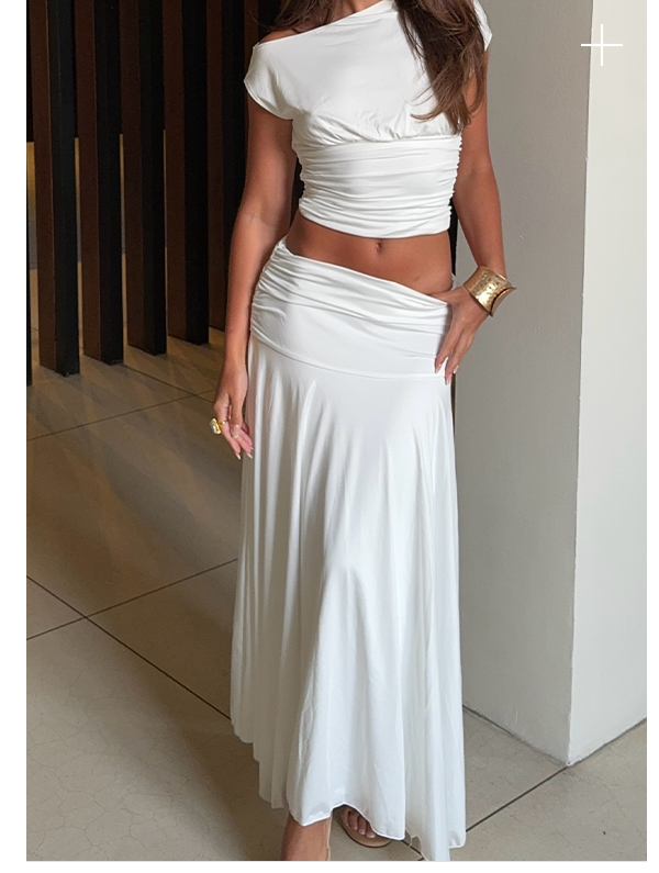 @jessportman_ in Liana Asymmetrical Top + Ruched Maxi Skirt - White