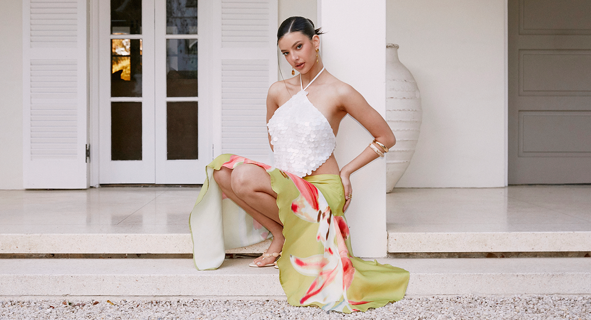 Tijana Beaded Halter Top - Ivory + Kia Low Rise Asym Midi Skirt - Jungle Flora