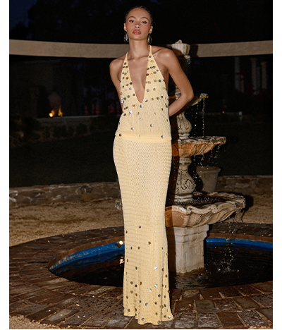 Adeladia Beaded Crochet Top & Beaded Crochet Maxi Skirt - Yellow