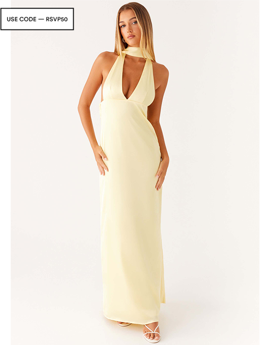 Alicia Satin Halter Maxi Dress - Yellow