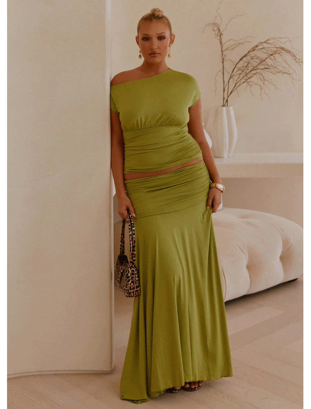 Liana Asym Top - Green & Liana Ruched Maxi Skirt - Green