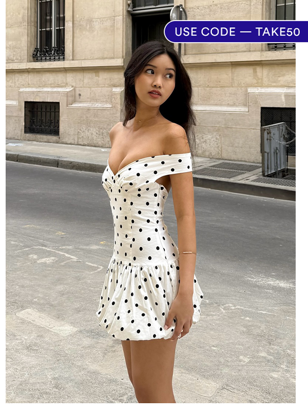 Endless Romance Off Shoulder Mini Dress - White Polka Dot