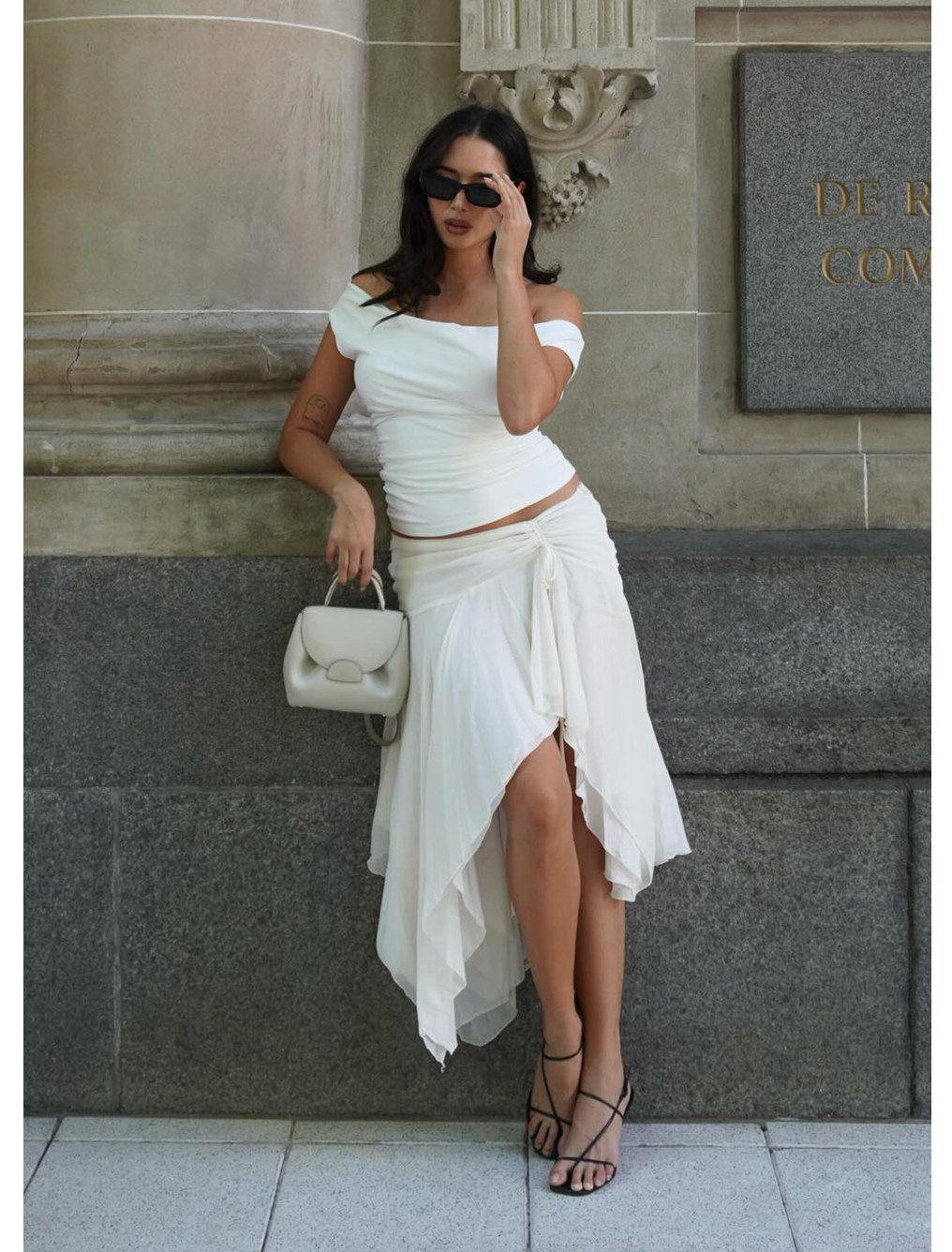 @jazminbardach in Abeda Asymmetrical Midi Skirt - Ivory