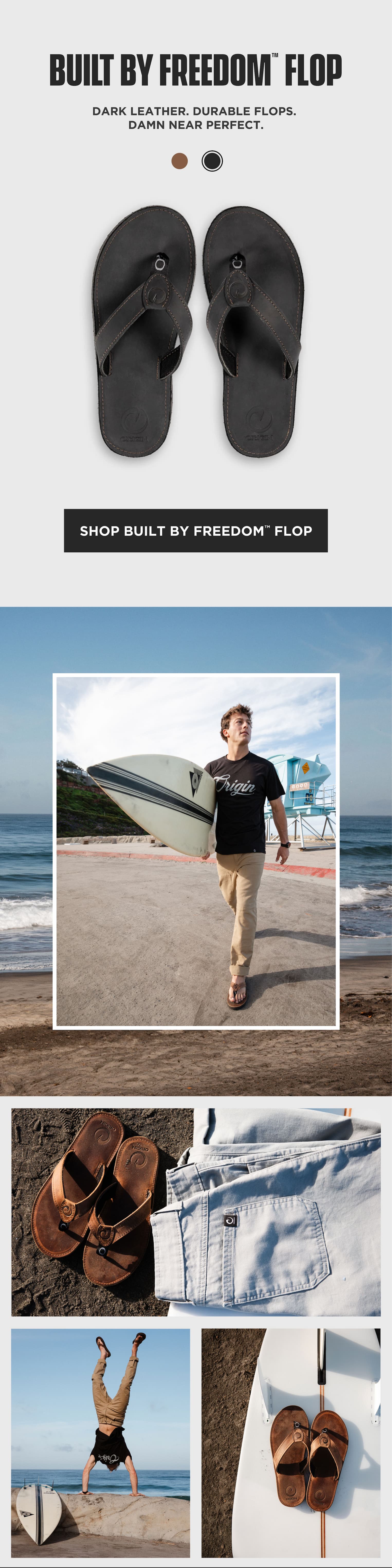 Built by Freedom flip flops in dark leather with durable construction, American-made sandals, shop Built by Freedom Flop