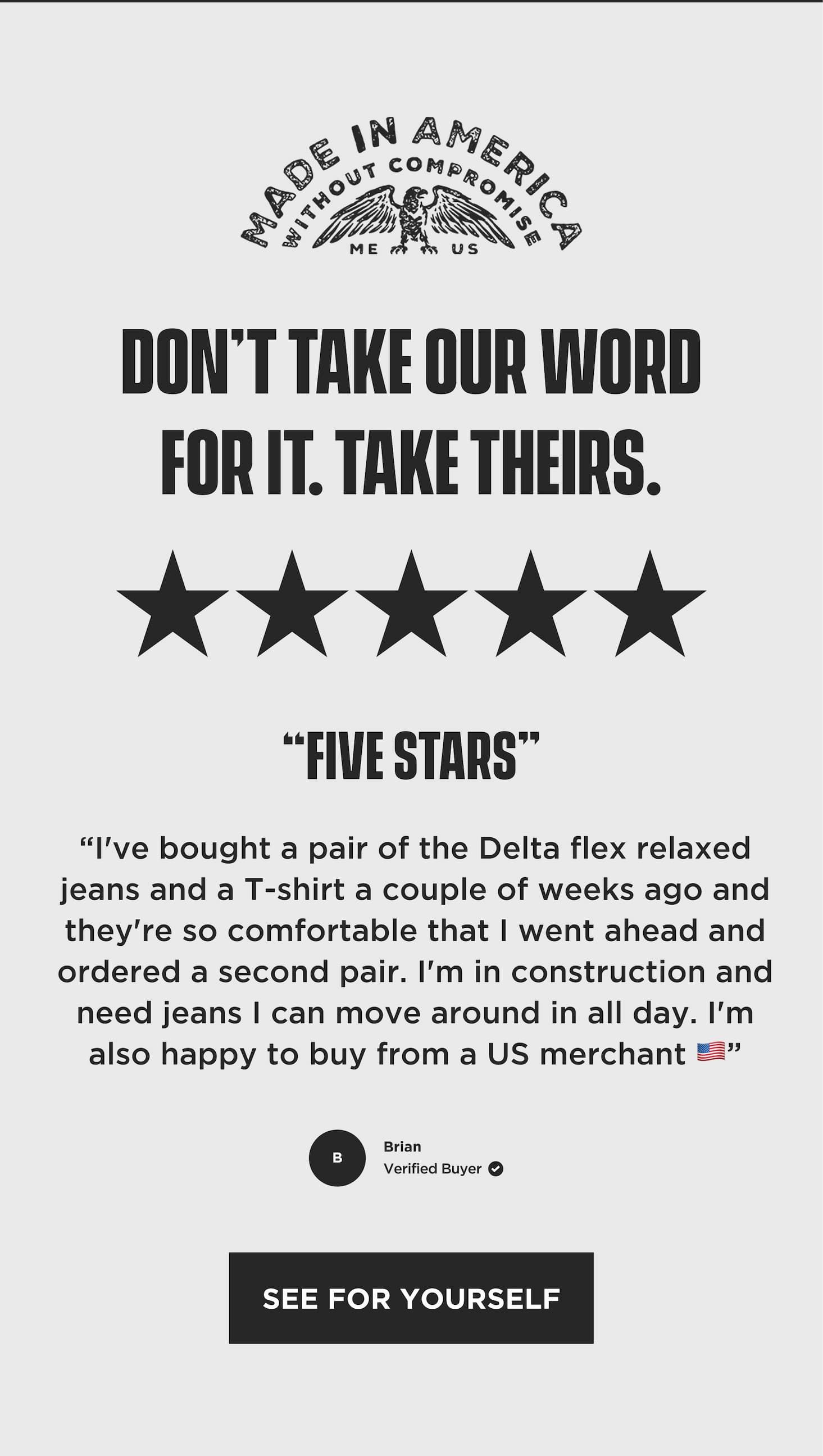 Five-star customer testimonial praising Delta Flex relaxed jeans for comfort, durability, and American-made quality with link to view products.