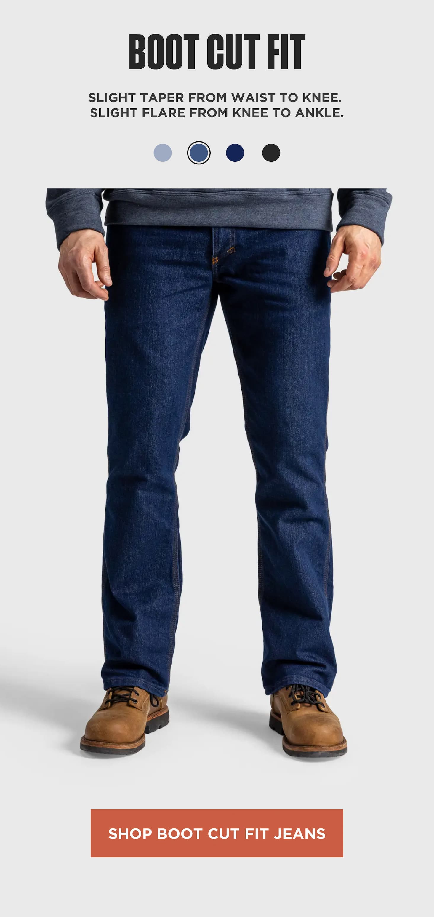 Product section highlighting Boot Cut jeans with slight flare from knee to ankle and shop boot cut styles button.