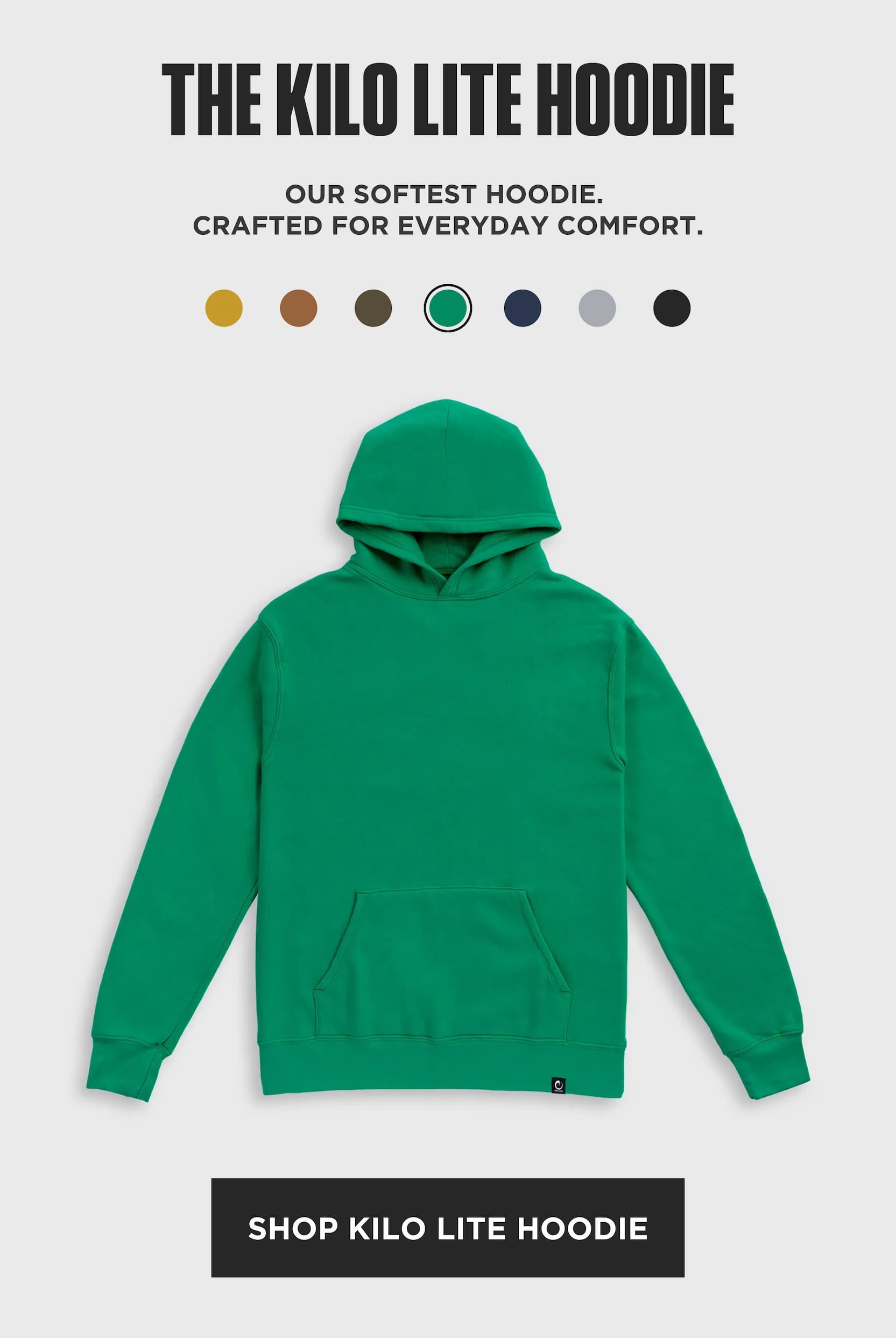 Product image of the green Origin Kilo Lite Hoodie highlighting the soft lightweight fleece design made for everyday comfort.