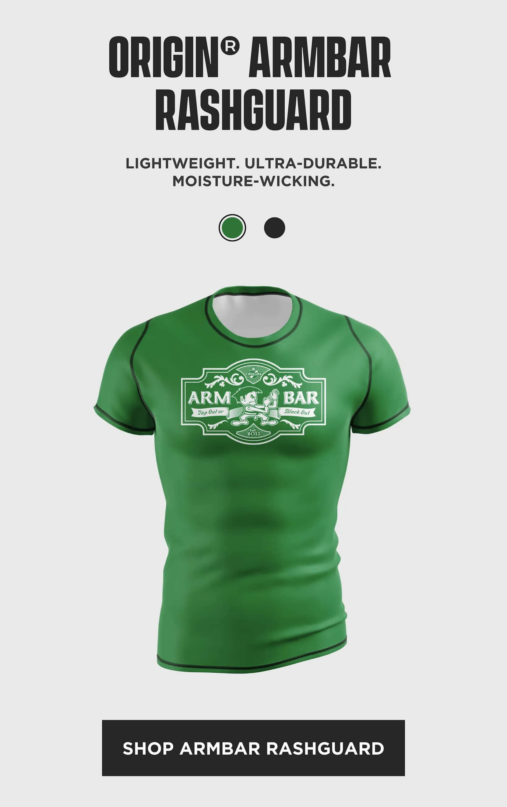 Product section promoting the Origin Arm Bar rashguard for jiu-jitsu training with lightweight, ultra-durable, moisture-wicking fabric.