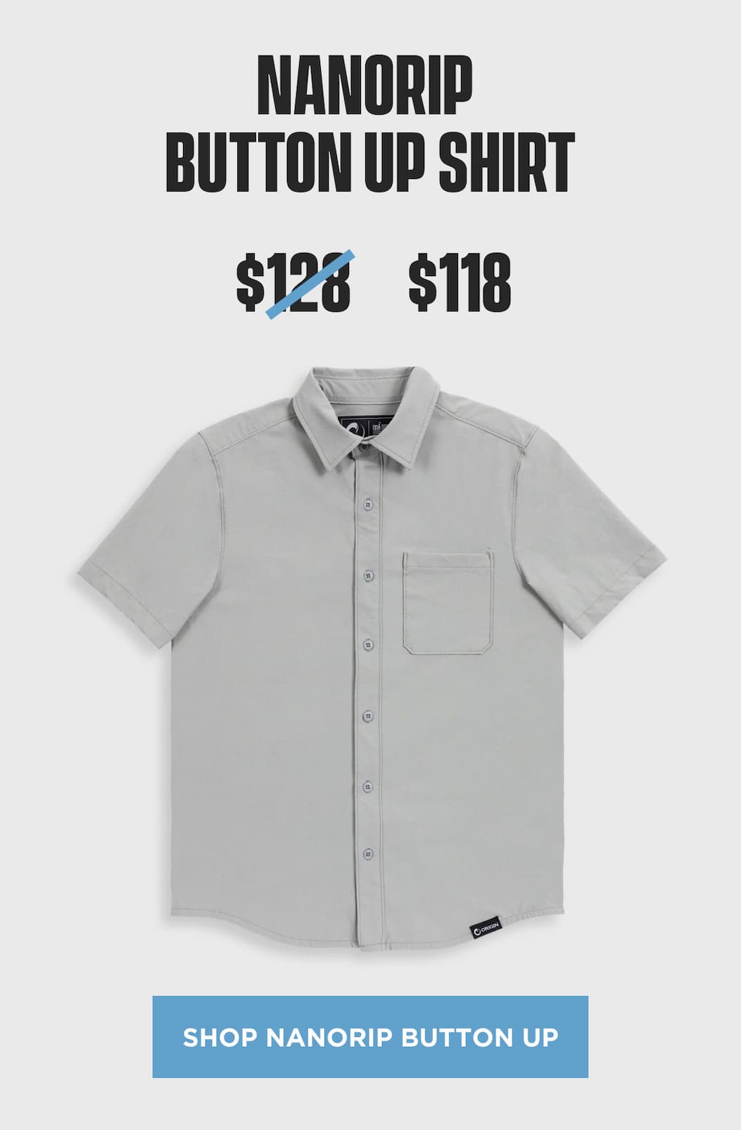 NanoRip Button Up Shirt product block showing gray short sleeve button up marked down to $118.