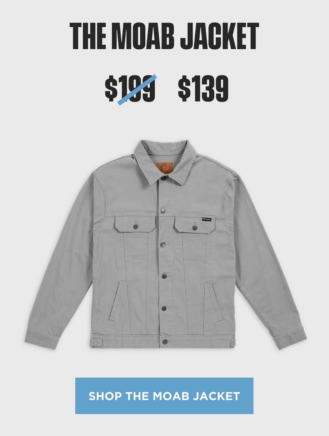 MOAB Jacket product block showing gray canvas jacket, sale price, and shop CTA.