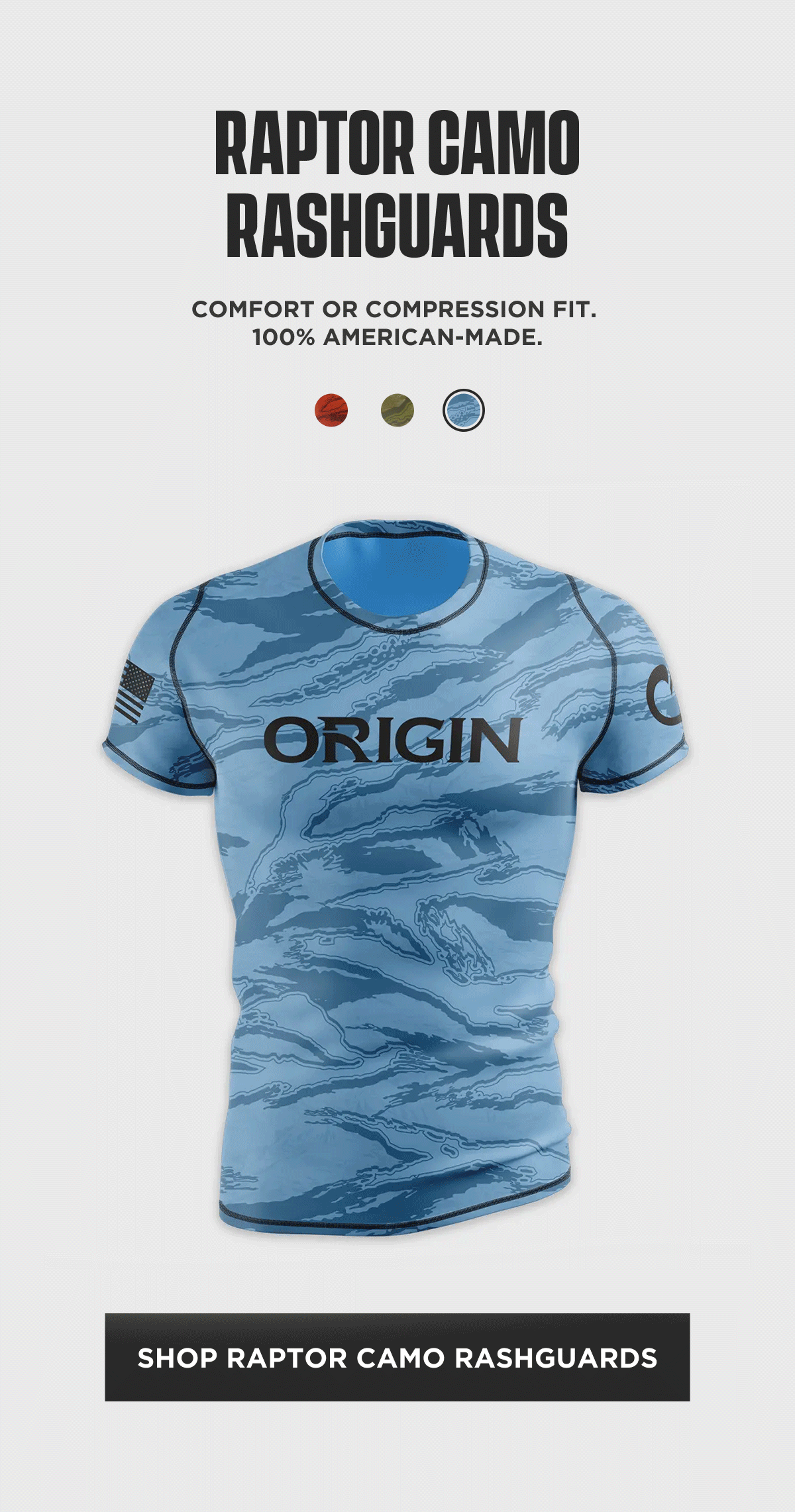 Raptor Camo Rashguards product block showing blue short sleeve rashguard with fit options.