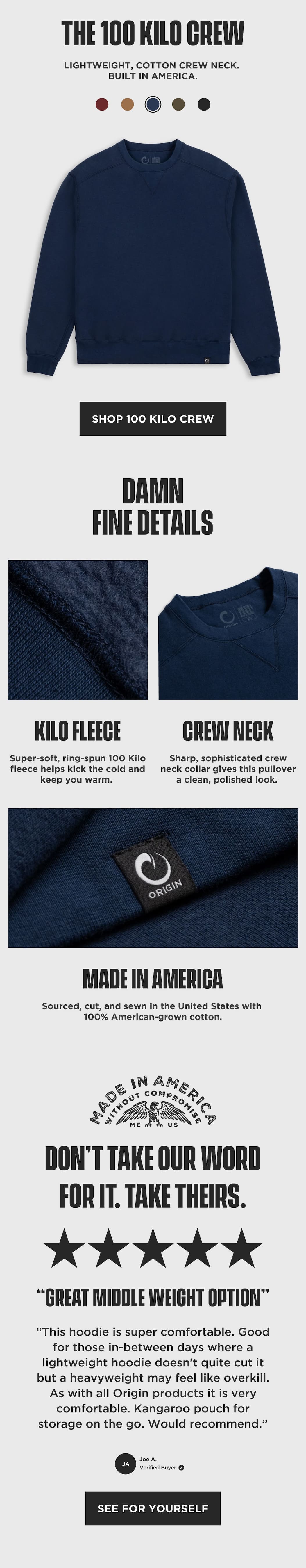 Navy 100 Kilo Crew Neck featuring soft Kilo fleece, classic crew styling, American-made construction, and a five-star review.