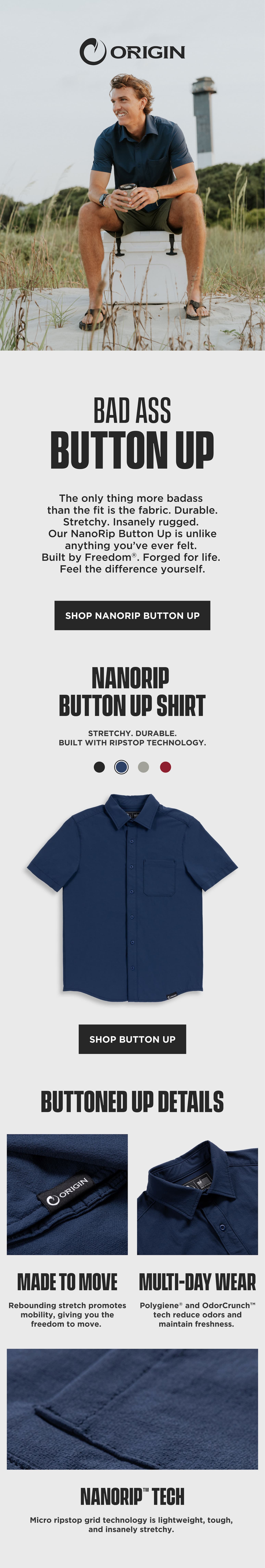 Origin NanoRip Button Up email block with lifestyle photo, navy shirt product card, and fabric details.