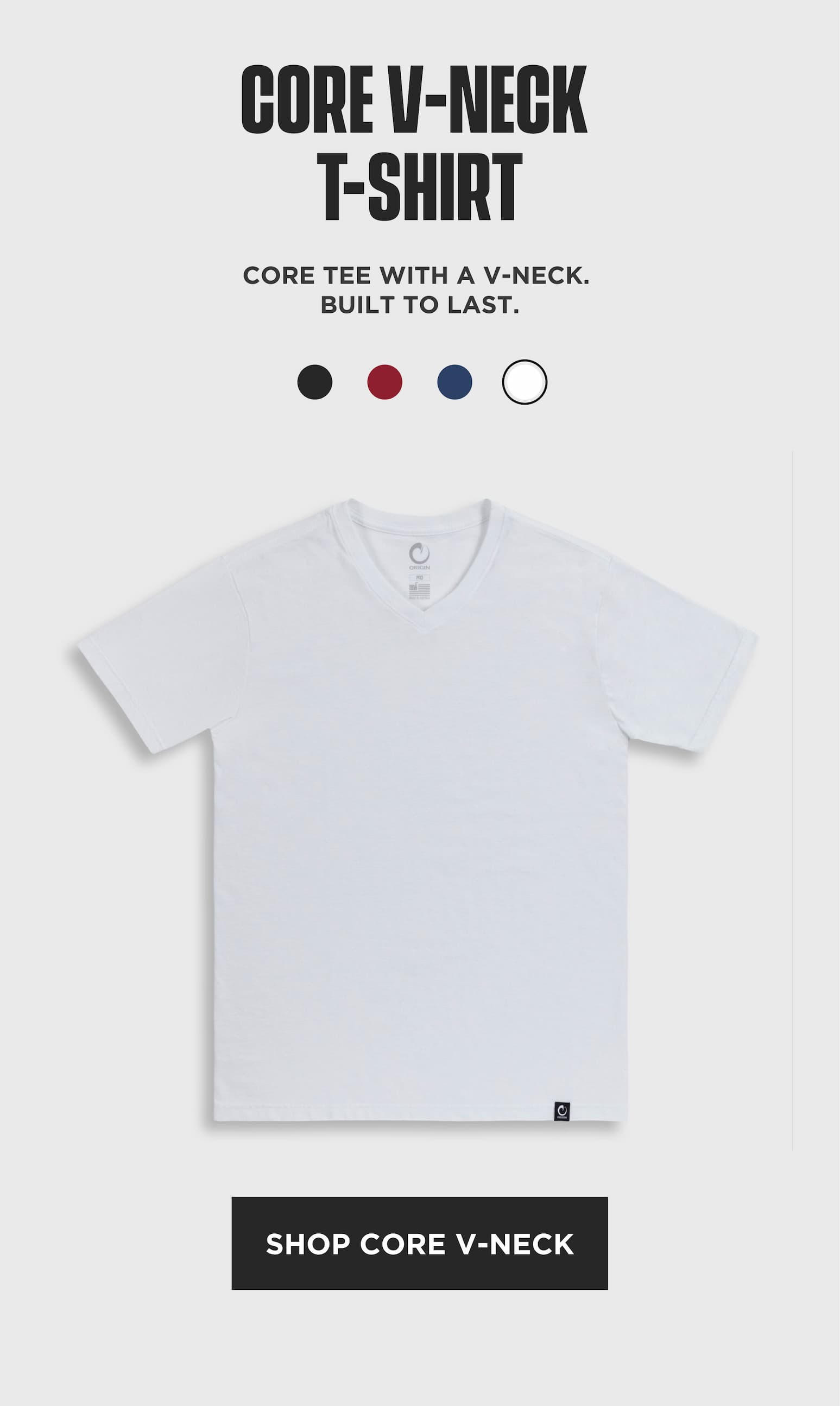 White Origin Core V-Neck T-Shirt product card with color swatches and shop CTA.