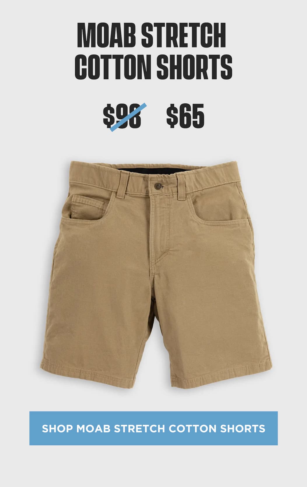 MOAB Stretch Cotton Shorts product block showing khaki shorts, sale price, and shop CTA.