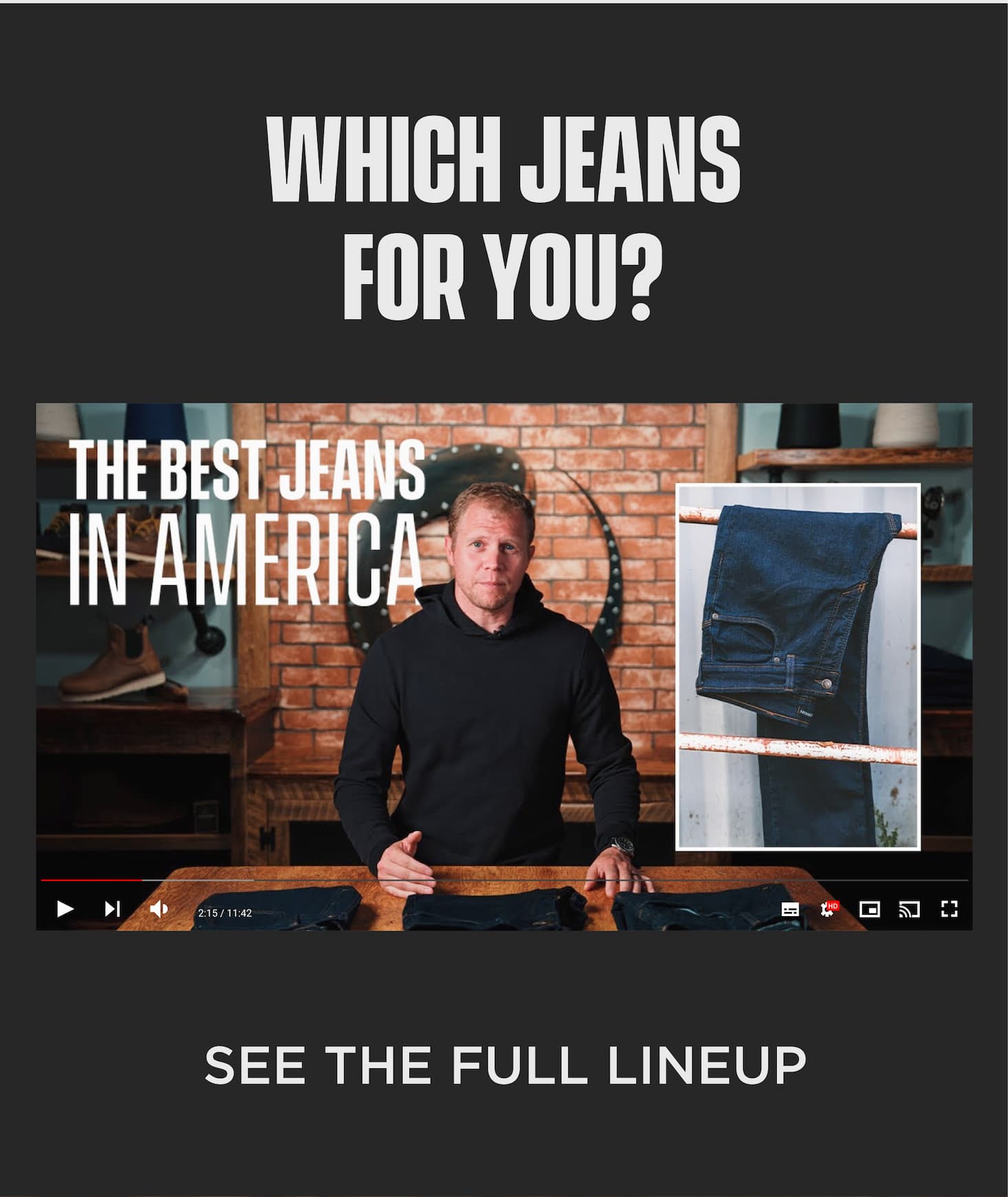 Video preview section promoting Origin jeans as the best jeans in America and encouraging customers to see the full lineup.