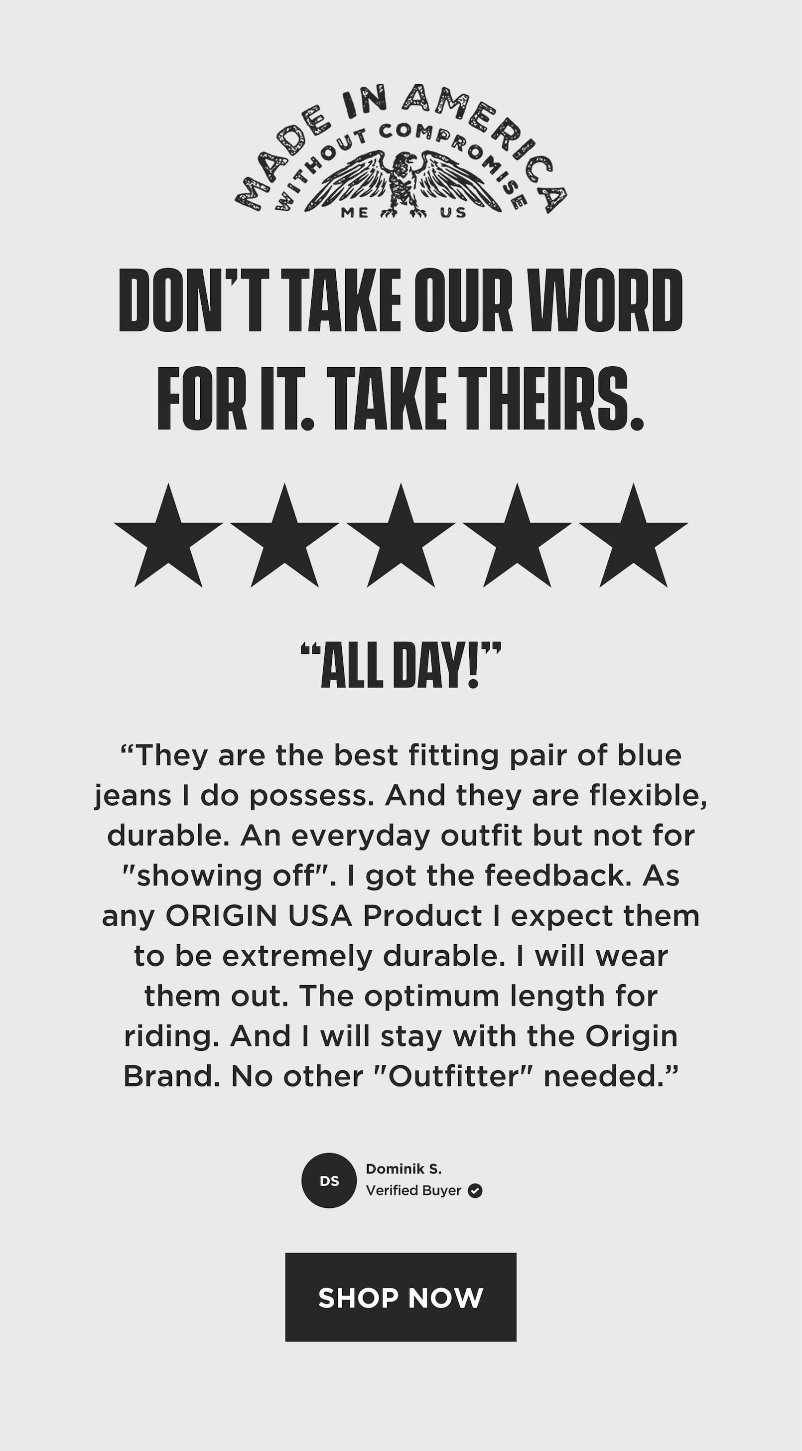 Customer testimonial graphic showing a five-star review praising the fit, durability, and comfort of Origin blue jeans.