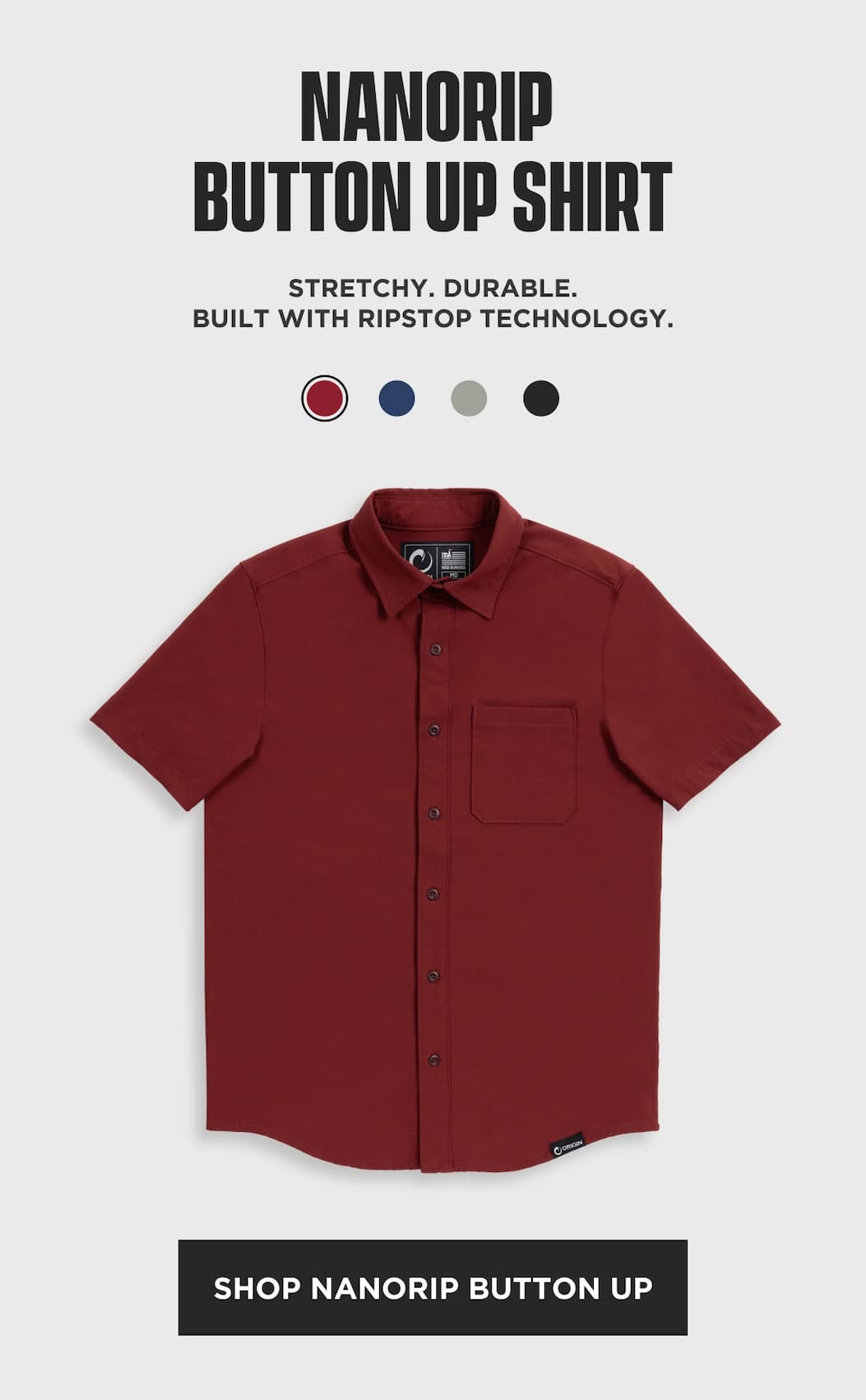 Shop the NanoRip short-sleeve button-up shirt: stretchy, durable ripstop construction, shown in burgundy.