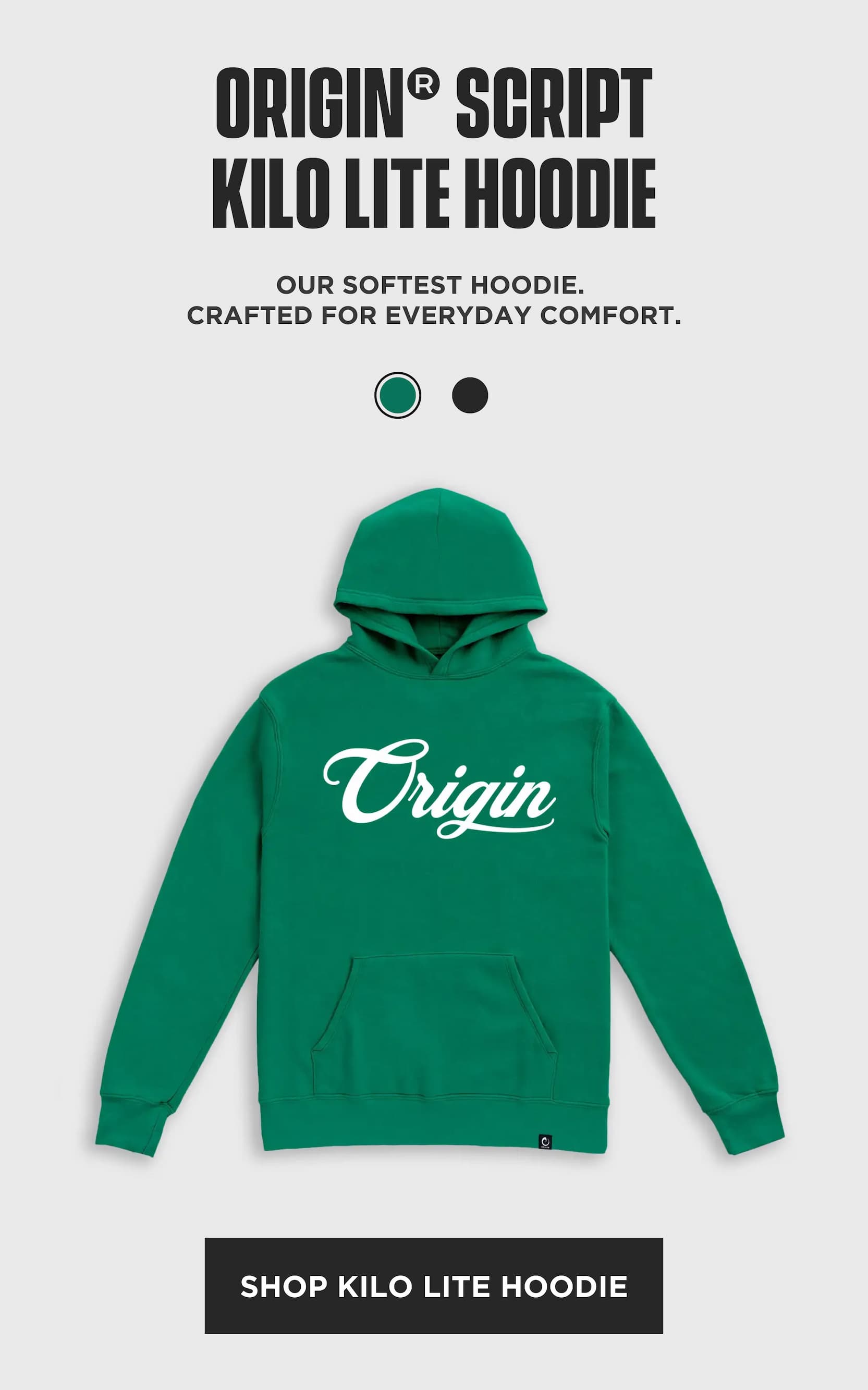 Product section featuring the Origin Script Kilo Lite Hoodie in green described as the brand's softest everyday hoodie with shop hoodie call to action.