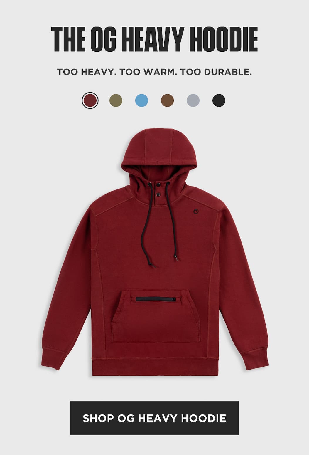 OG Heavy Hoodie product block showing red hoodie, color swatches, and Shop OG Heavy Hoodie CTA.