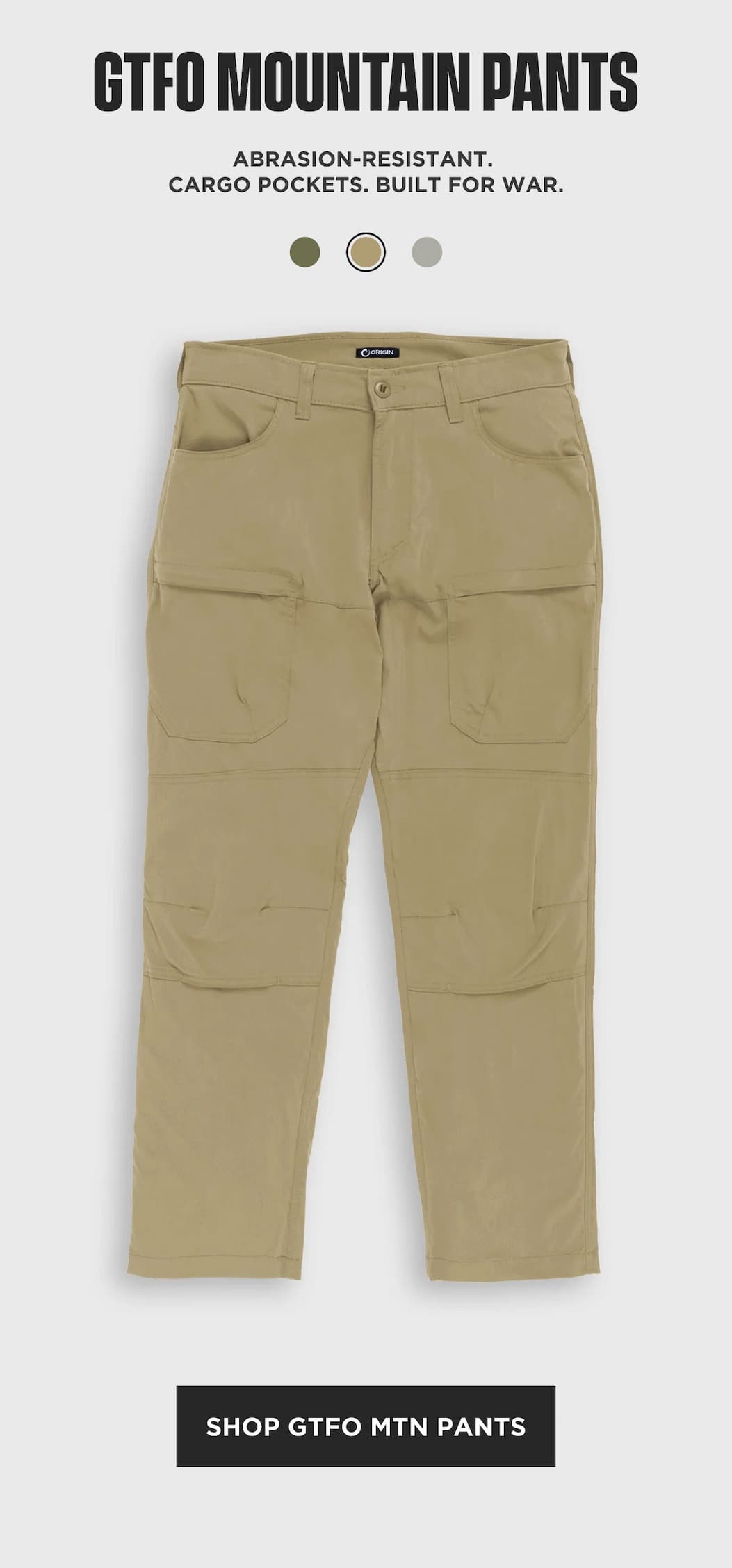 Shop GTFO Mountain Pants: abrasion-resistant pants with cargo pockets, shown in khaki.