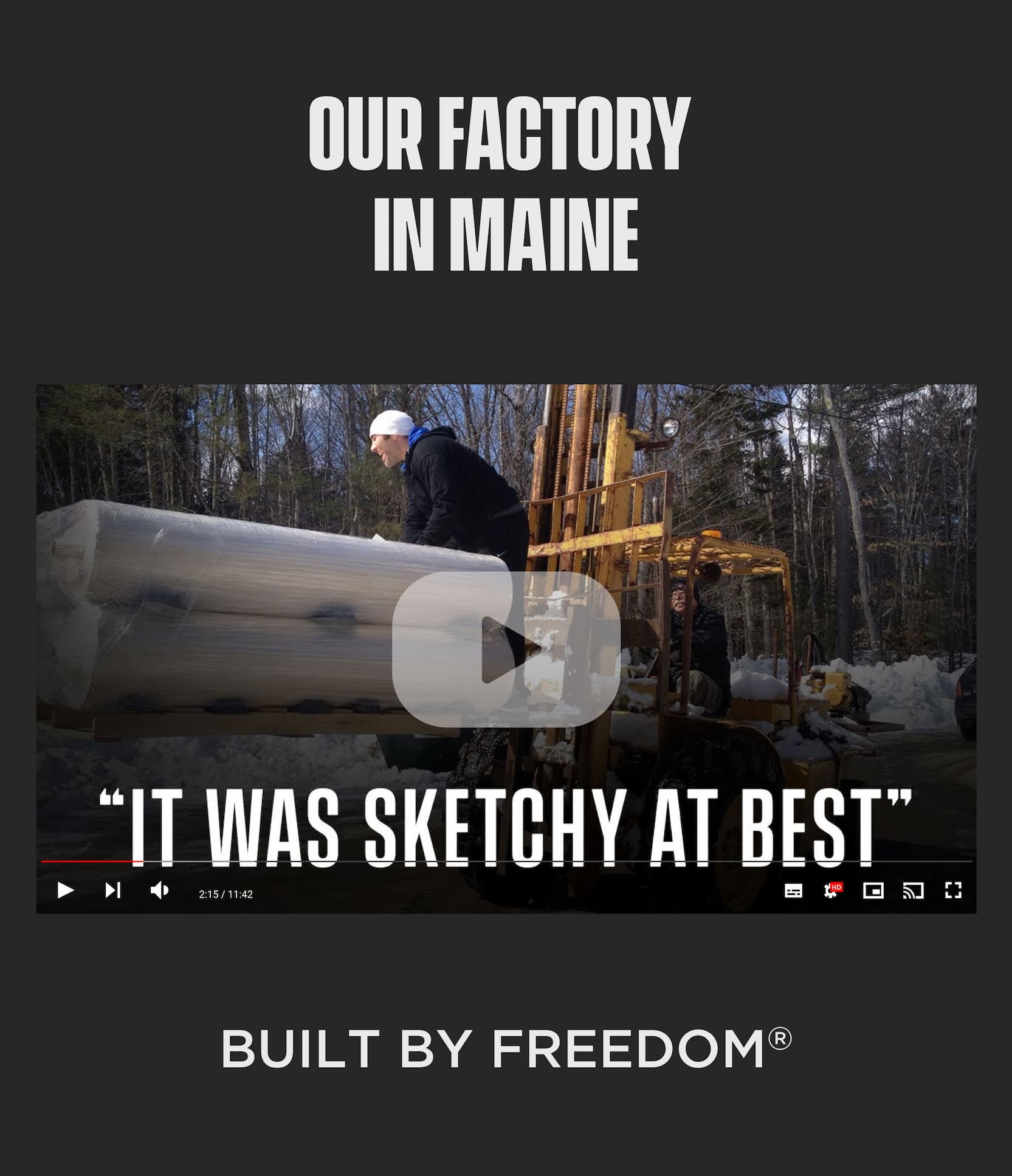 Workers loading large wrapped material with a forklift outside Origin's factory in Maine, highlighting American manufacturing.