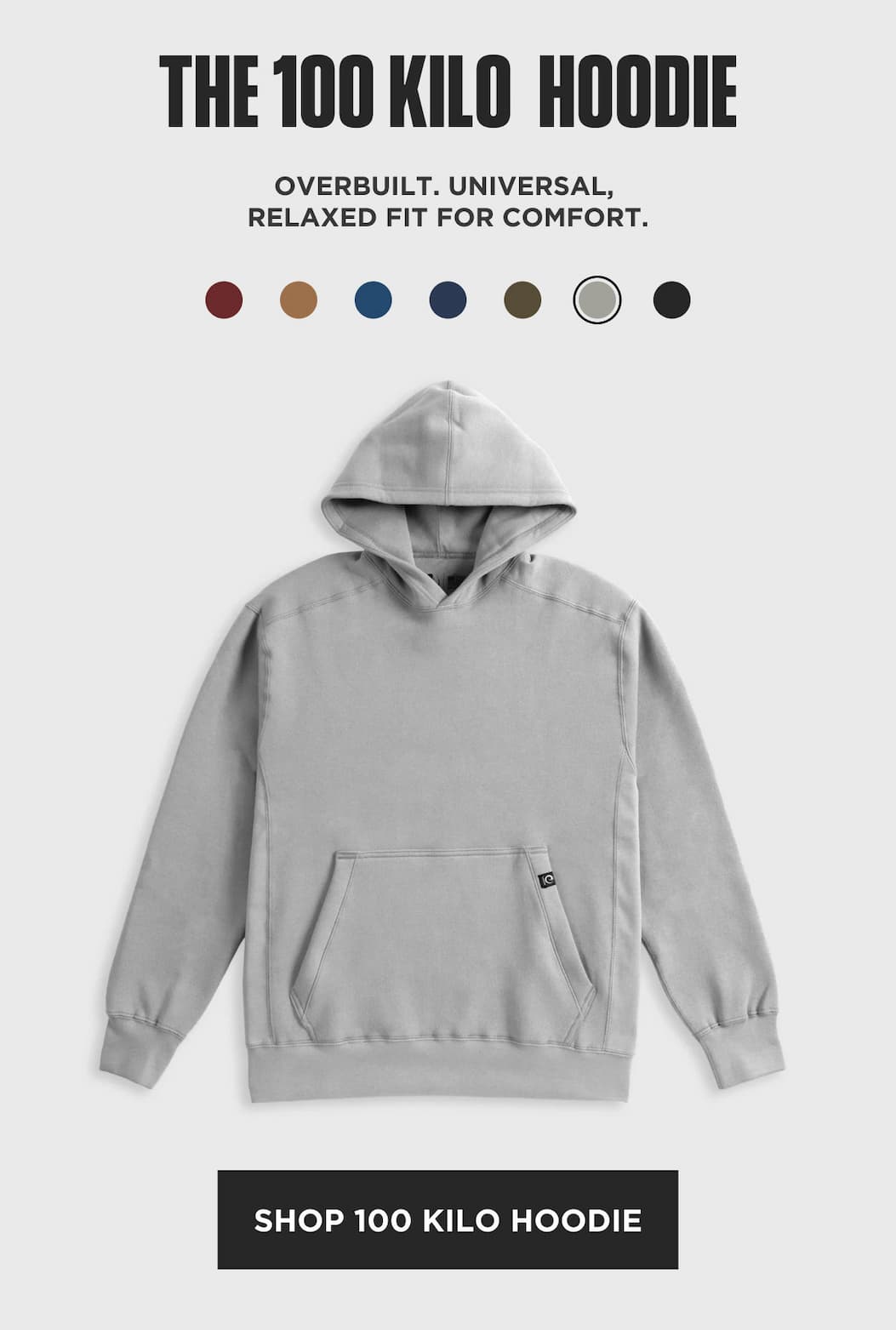 Shop the 100 Kilo Hoodie: a comfortable fleece pullover with a kangaroo pocket, shown in light gray.