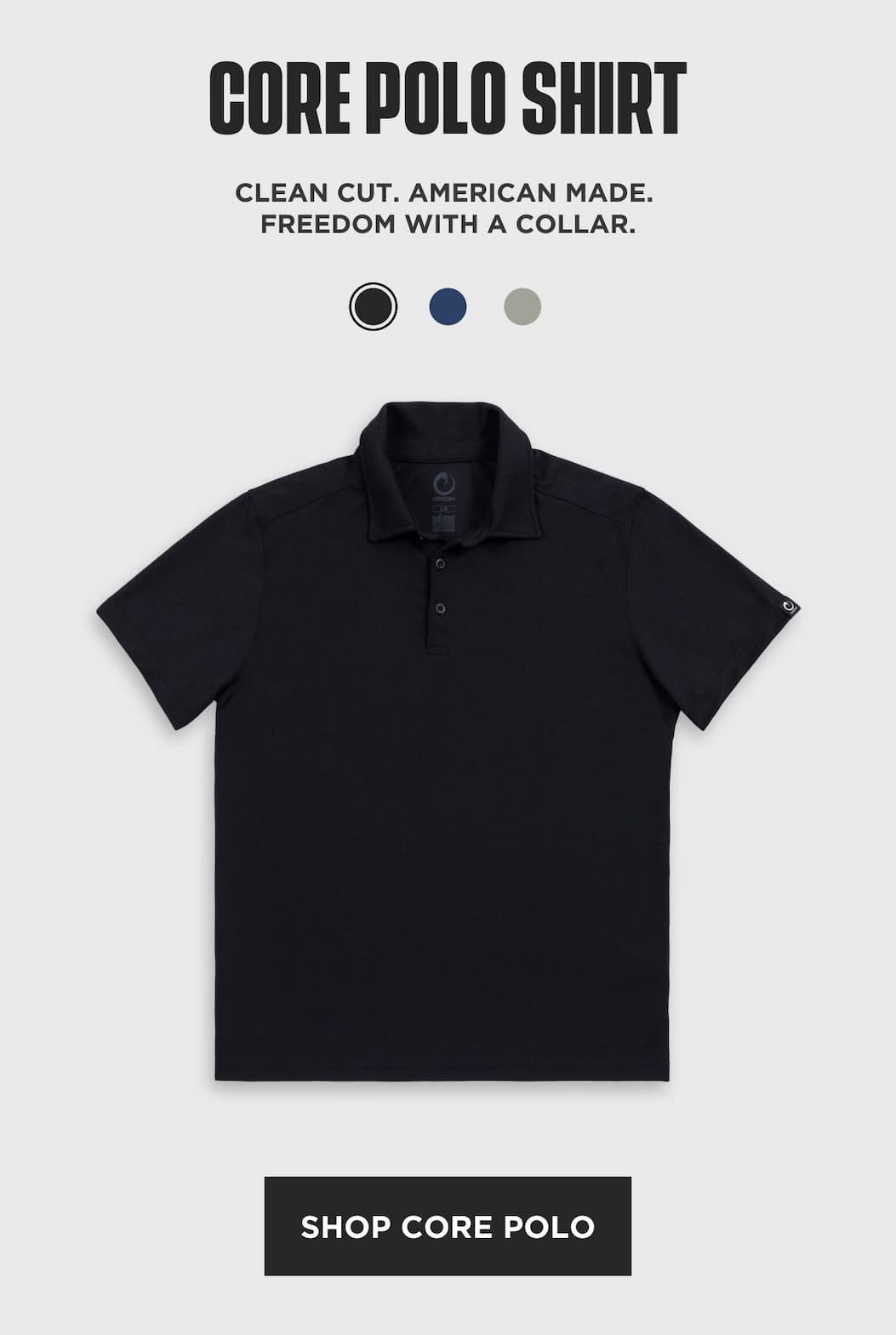 Shop the American-made ORIGIN Core Polo: clean-cut style for work and everyday wear, shown in black.