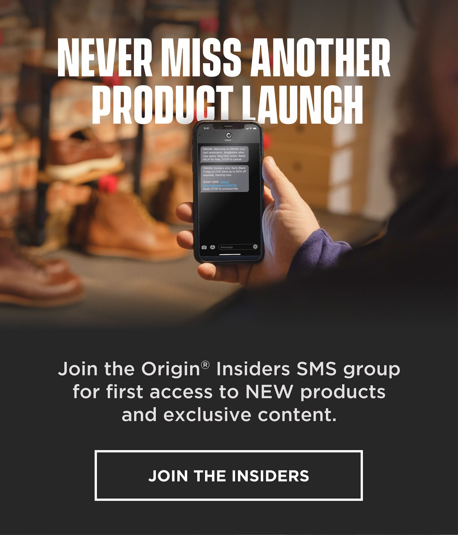 Phone displaying Origin text messages inviting customers to join the Origin Insiders SMS group for early product launches and exclusive content.