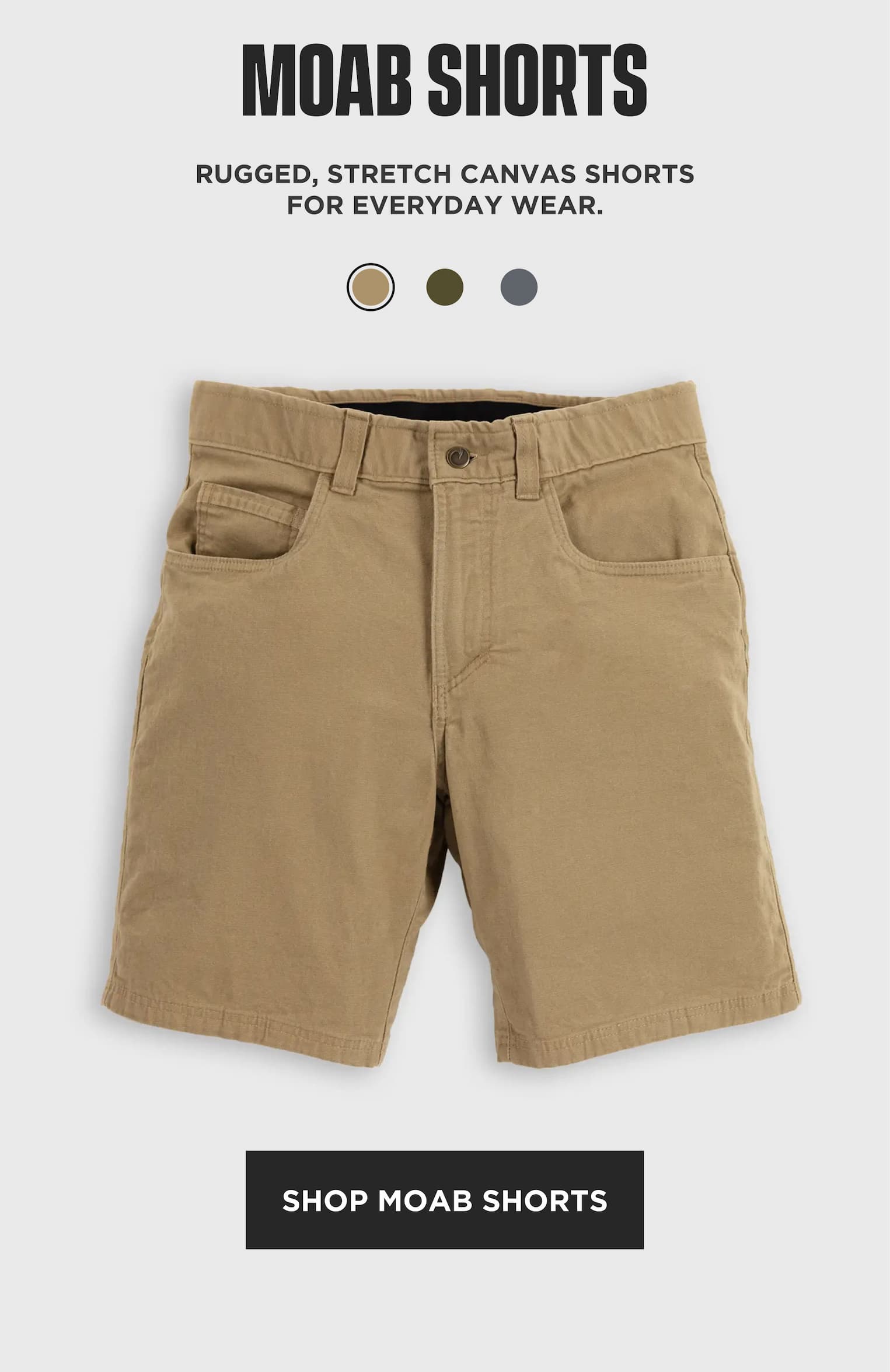 MOAB Shorts in khaki stretch canvas with rugged everyday design, multiple color options shown, shop MOAB Shorts