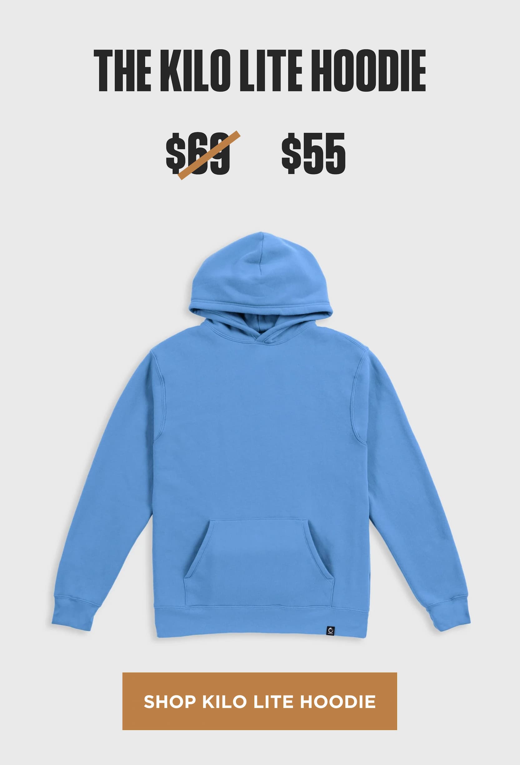 The Kilo Lite hoodie in blue lightweight fleece with kangaroo pocket, on sale from $69 to $55
