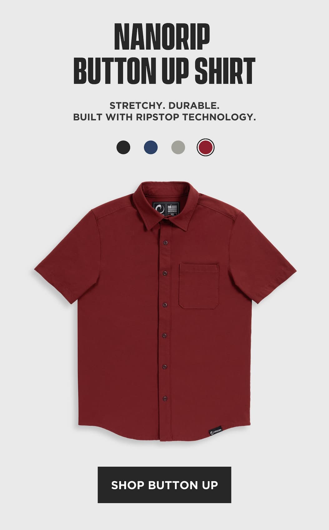 NanoRip Button Up Shirt product block showing red short sleeve shirt with ripstop tech copy.