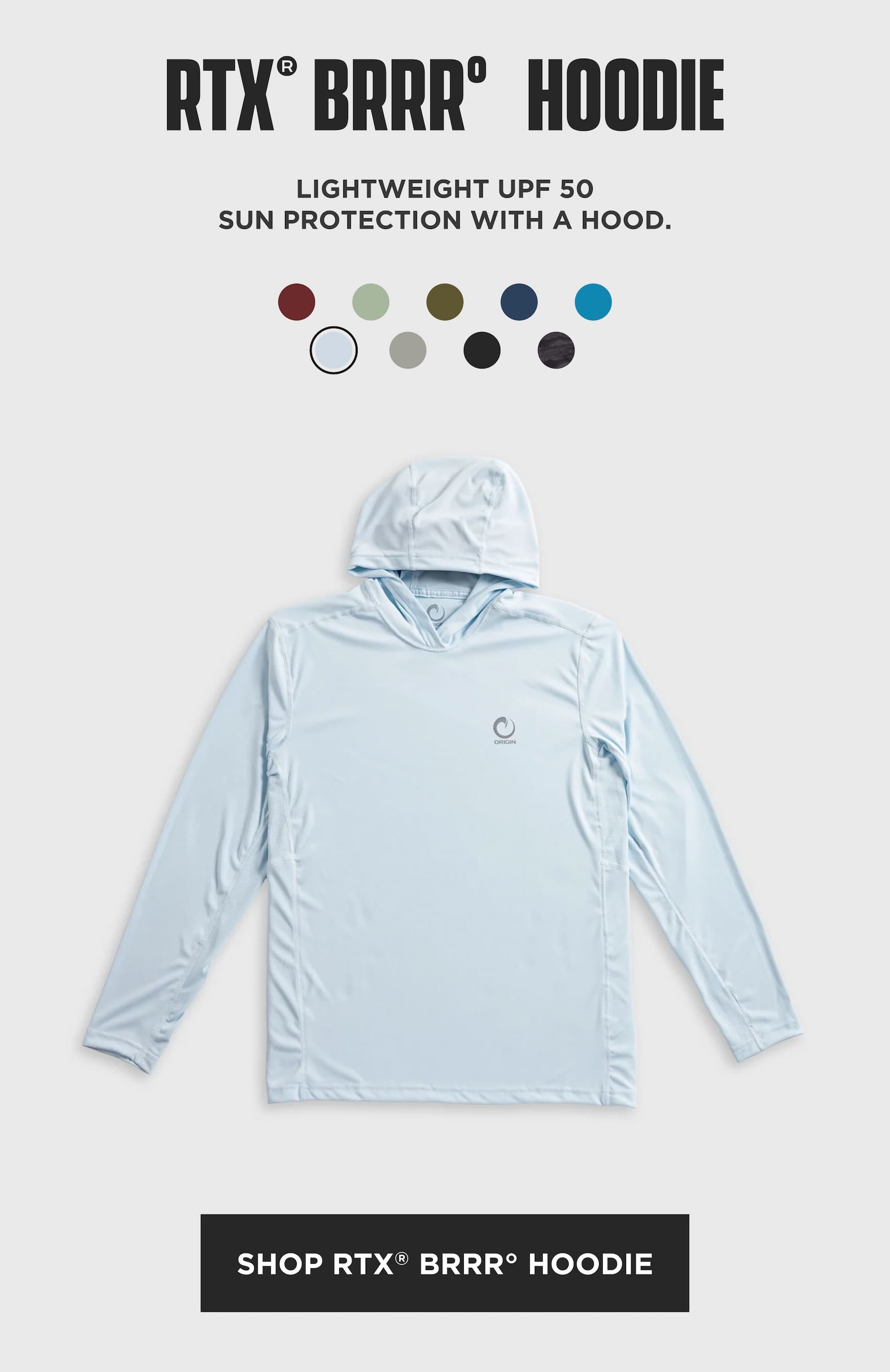 Origin RTX BRRR hoodie in light blue with lightweight cooling fabric and UPF 50 sun protection.