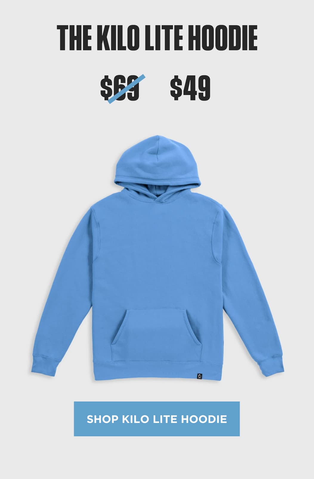 Kilo Lite Hoodie product block showing patriot blue hoodie, sale price, and shop CTA.