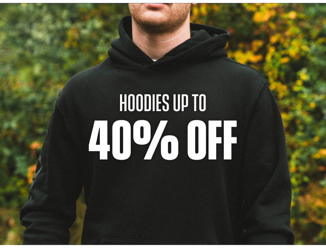 Hoodies up to 40% off promo showing a black hoodie against a fall outdoor background.