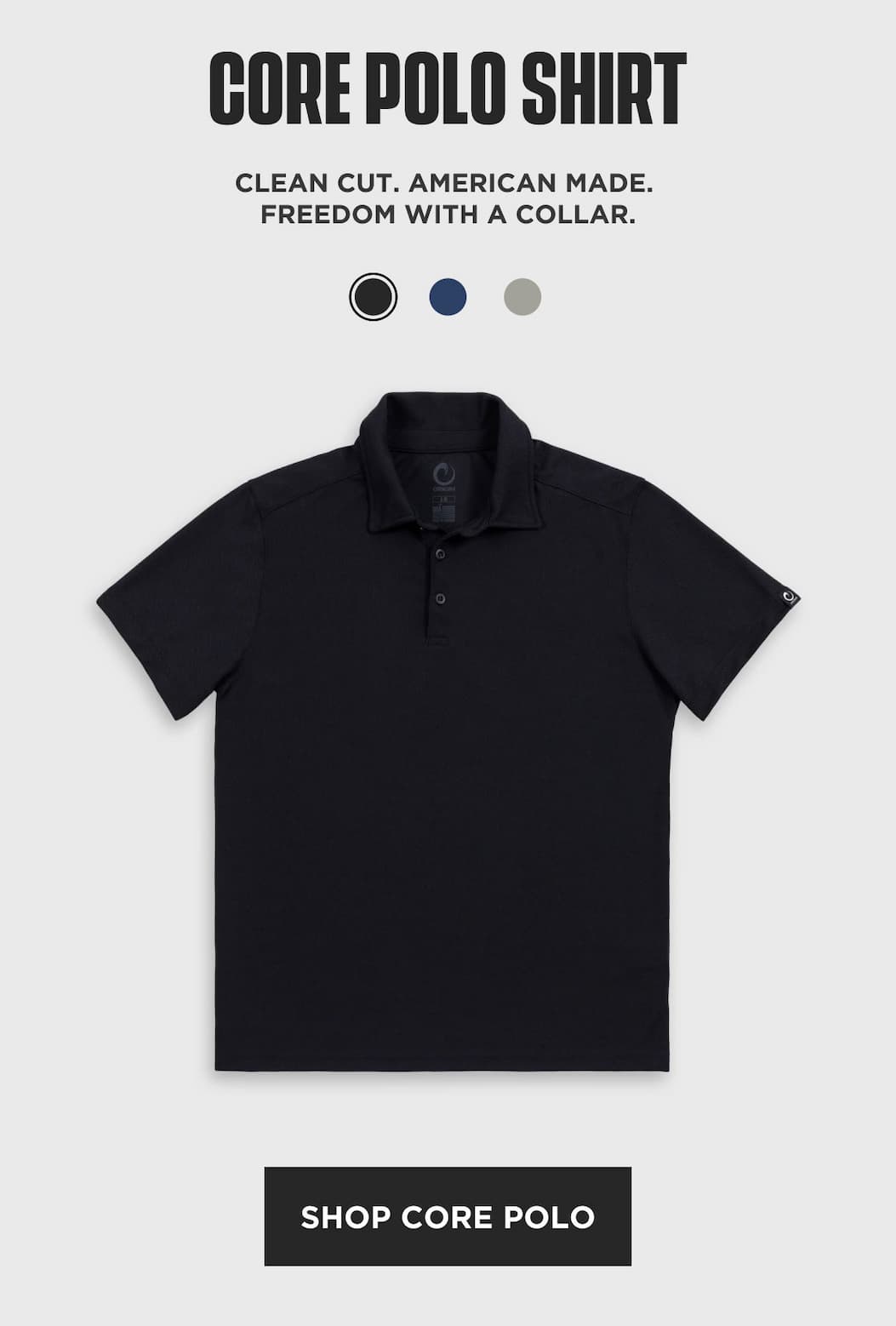Core Polo Shirt product block showing black American-made polo with color swatches and CTA.