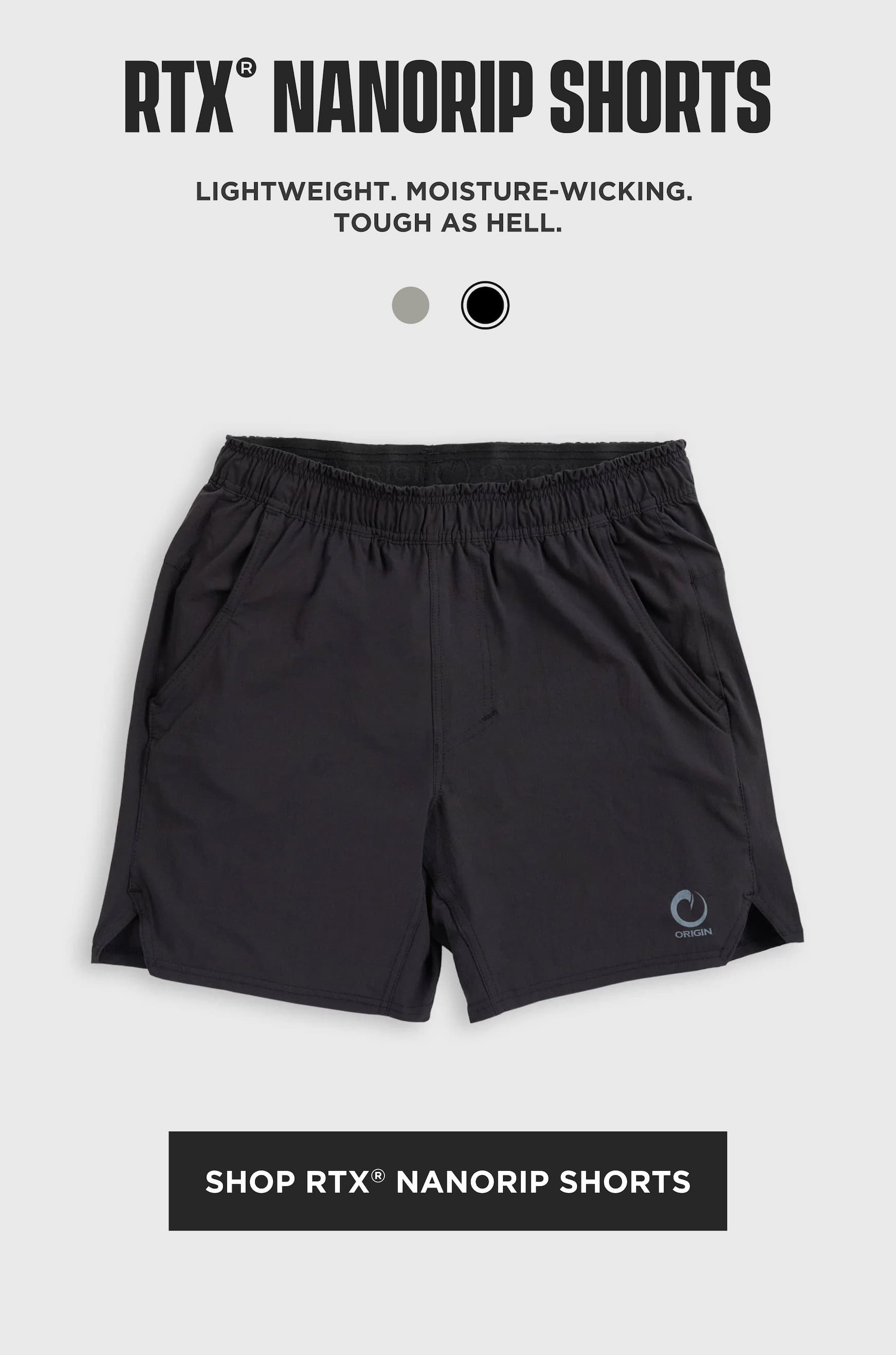 Origin RTX NanoRip shorts in black lightweight moisture-wicking performance fabric.