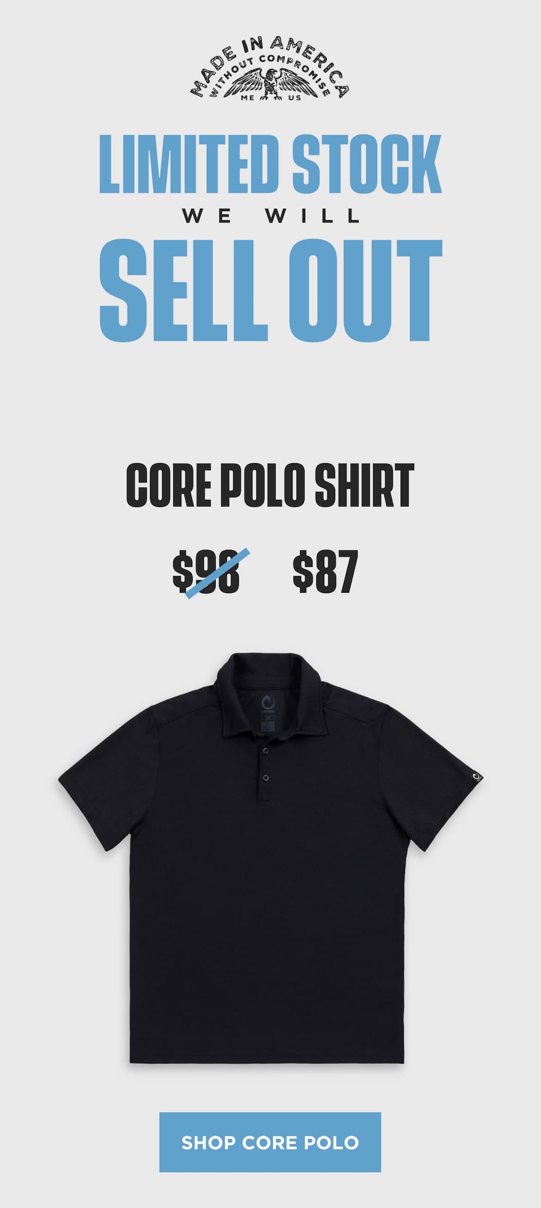 Limited stock Core Polo Shirt block showing black polo with sale price and sell-out message.