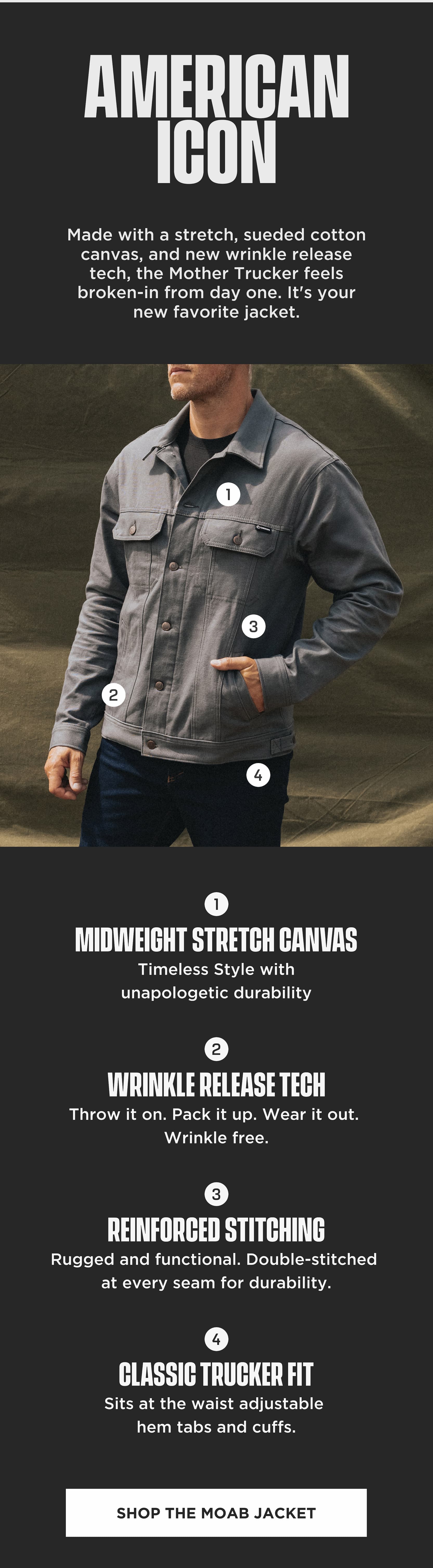 Close-up lifestyle image of the gray Origin MOAB jacket highlighting features including midweight stretch canvas, wrinkle release technology, reinforced stitching, and classic trucker fit.