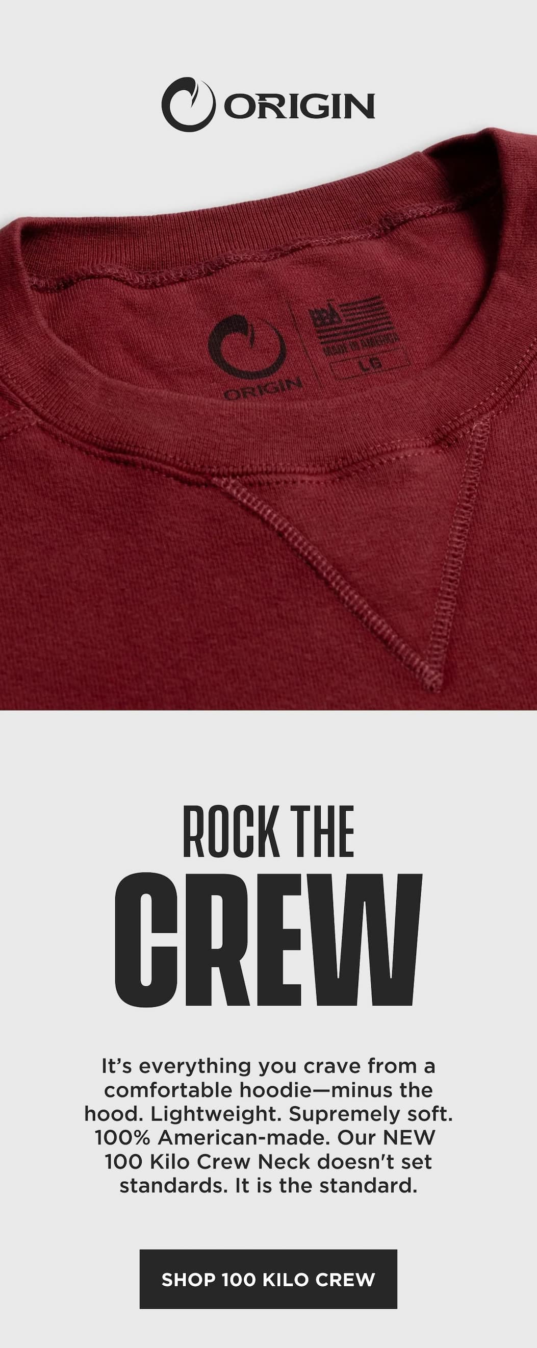 Red 100 Kilo Crew Neck highlighting lightweight softness, American-made construction, and everyday comfort.
