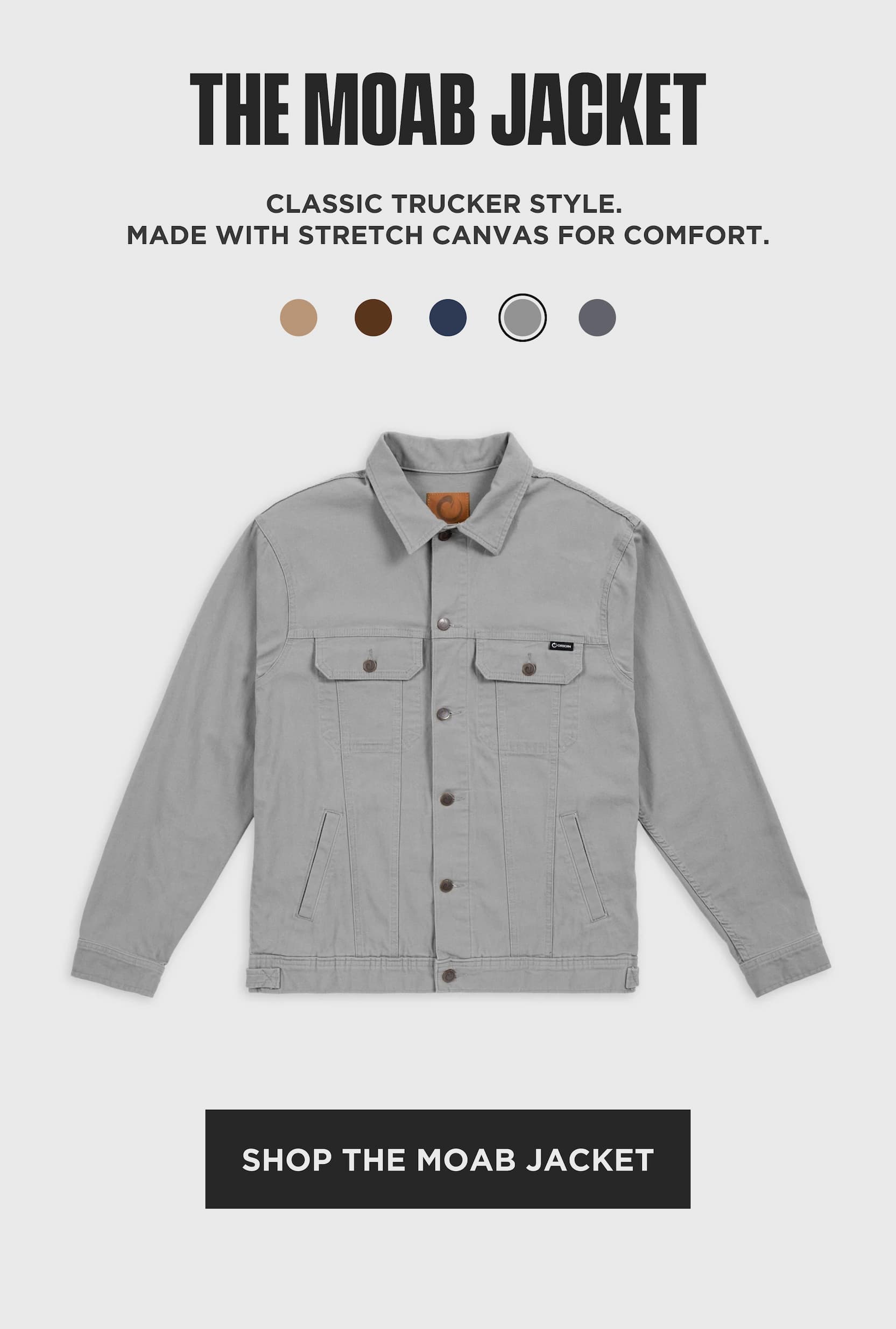 Gray Origin MOAB trucker jacket product image showing the classic trucker silhouette with stretch canvas fabric and durable button-front design.