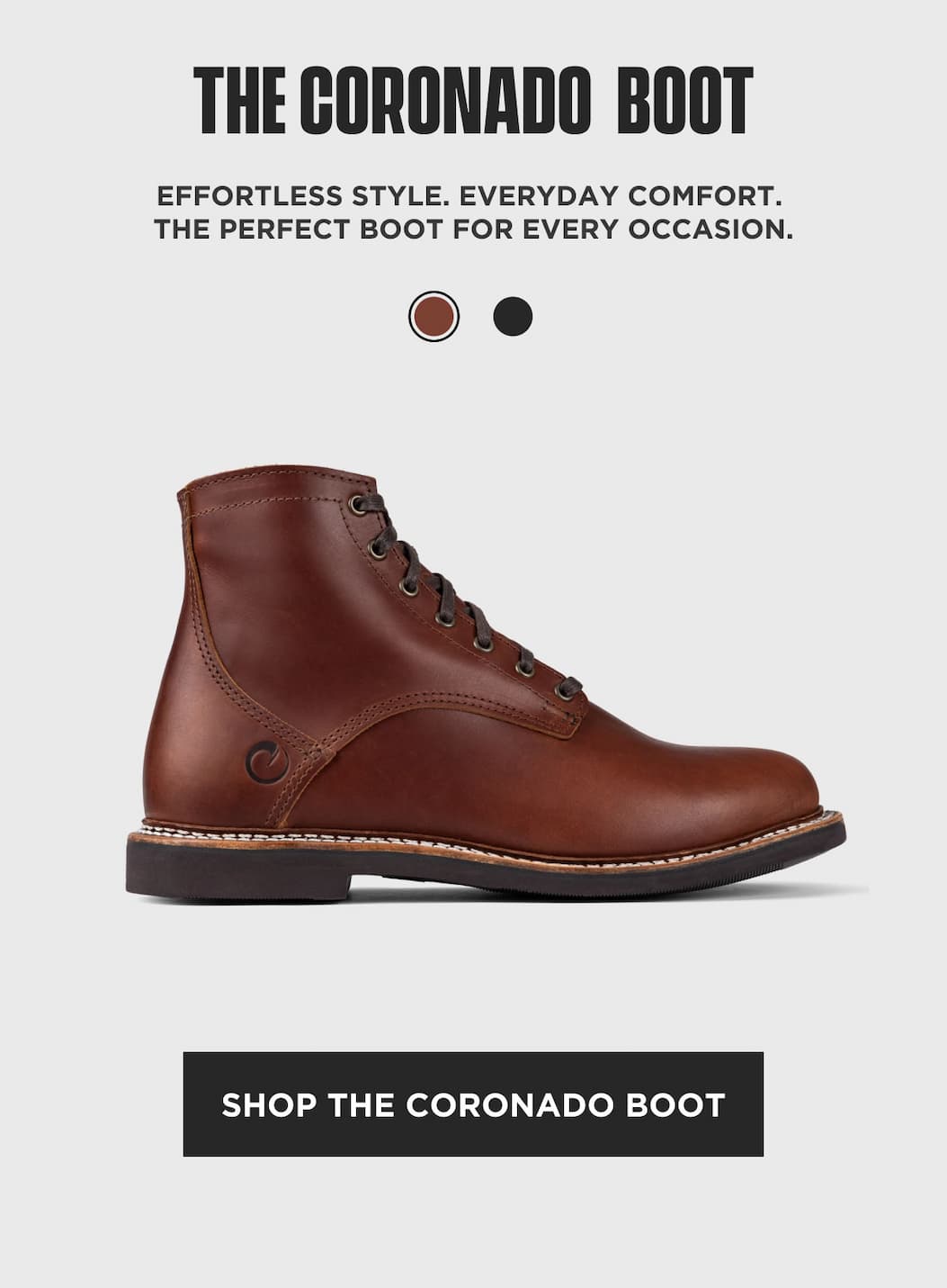 Coronado Boot product block showing amber leather lace-up boot with color swatches.