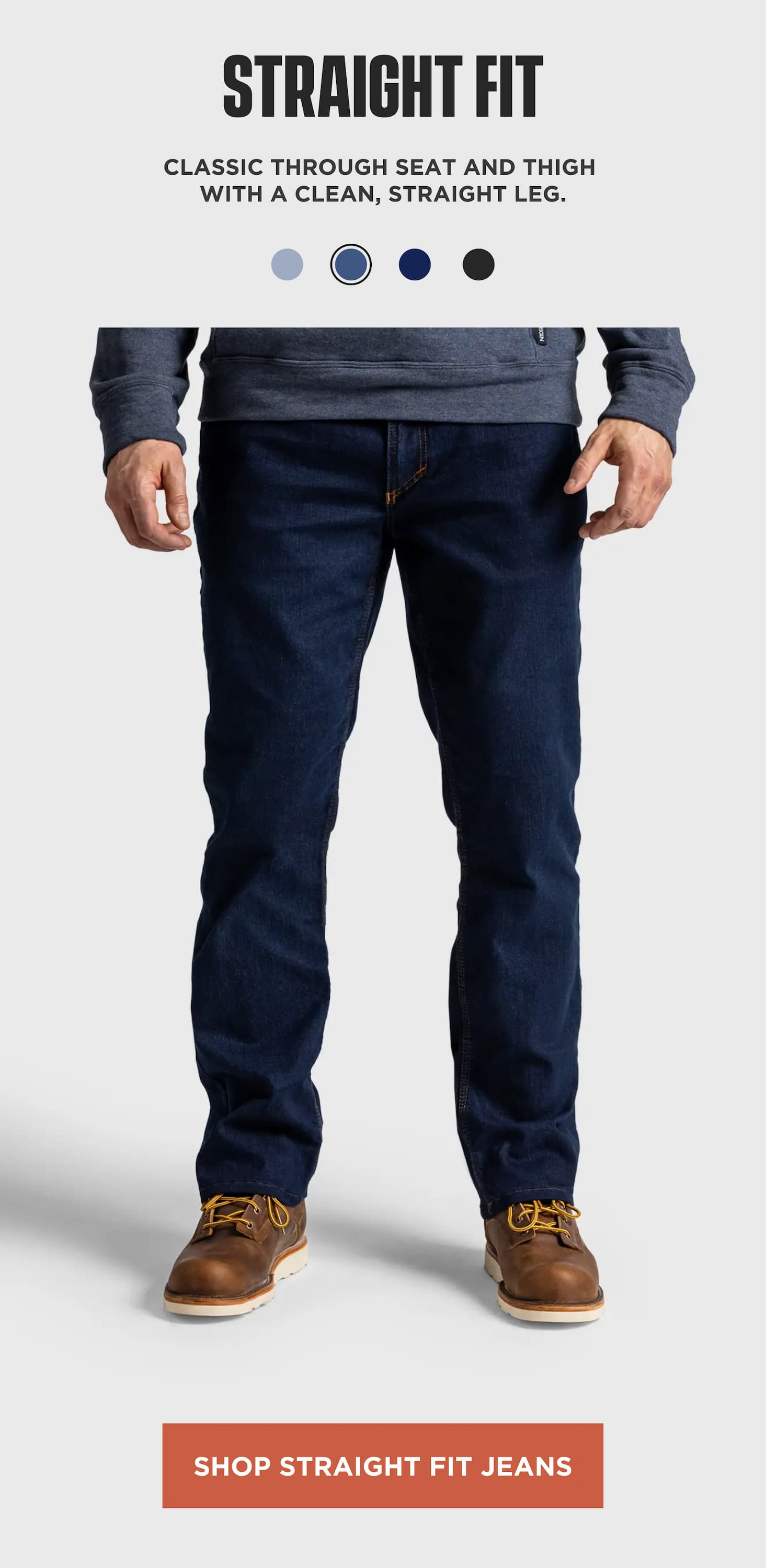 Product section highlighting Straight Fit jeans with classic straight leg cut and button to shop straight fit styles.