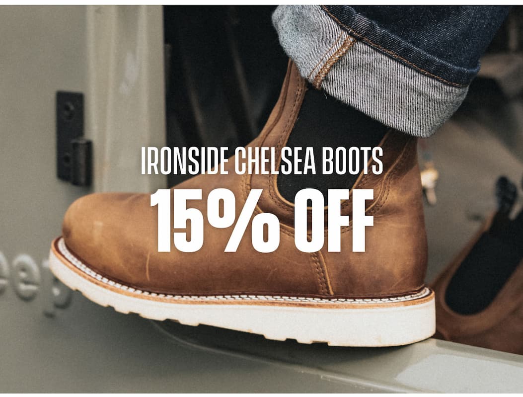 Ironside Chelsea Boots 15% off promo showing a brown leather Chelsea boot in close-up.